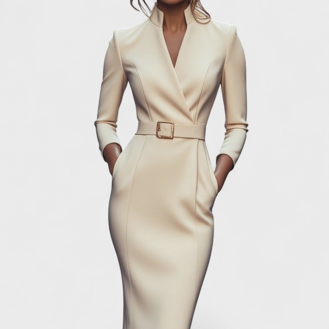 Camille – Stand-Collar Belted Dress