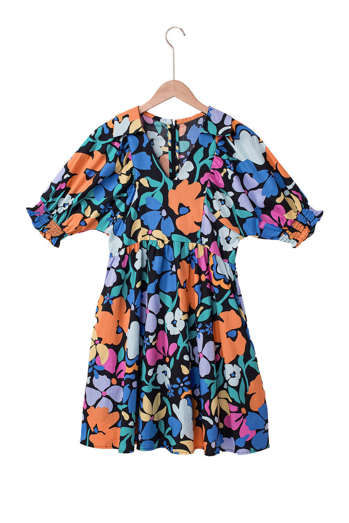Collared Split Neck Floral Flared Dresses
